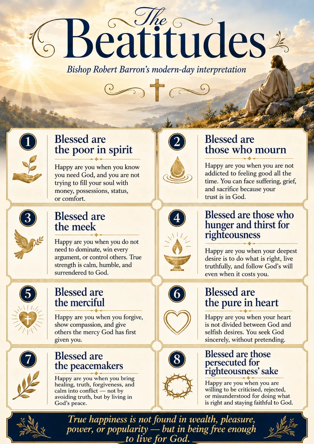 Illuminated Beatitudes artwork with eight teaching panels and a mountain scene.