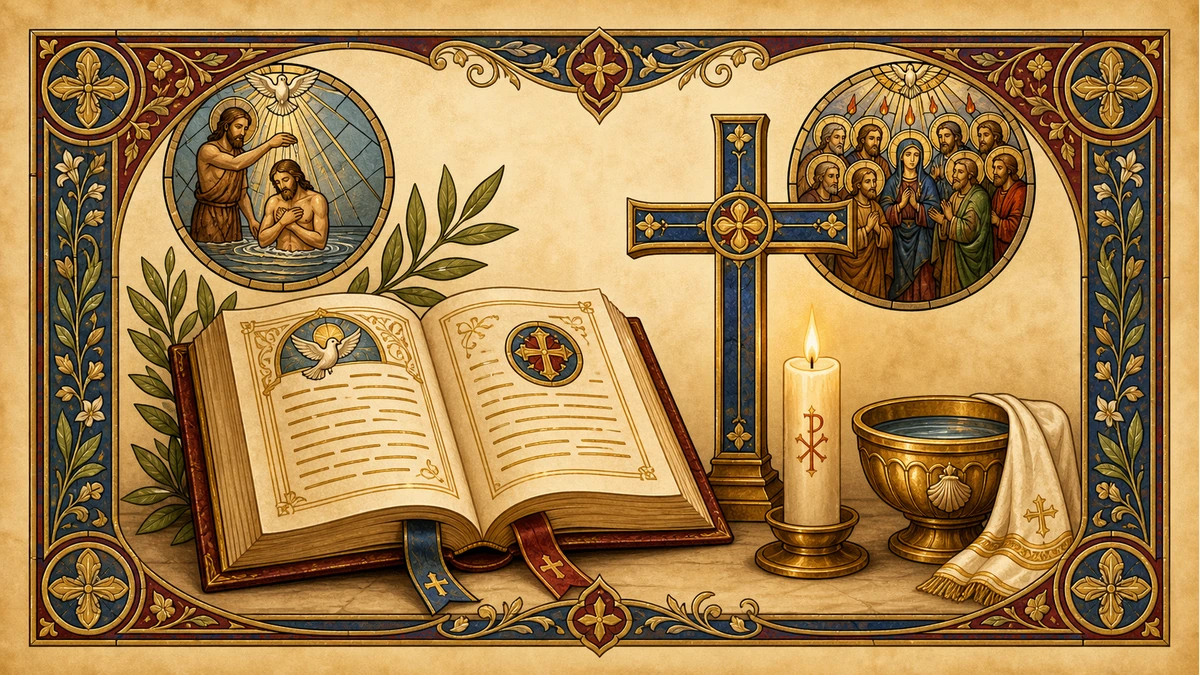 An open creed book, candle, and cross arranged as a devotional prayer image.