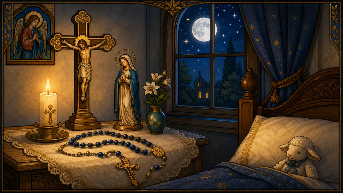 A candle and cross beside a moonlit window for evening prayer.