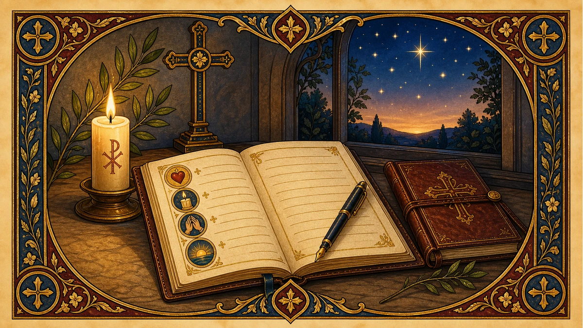 A prayer journal, candle, and small stars for reviewing the day with God.
