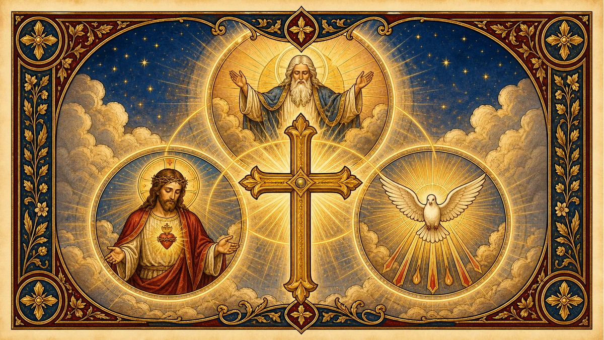 A radiant Trinity-inspired prayer image with a central golden cross.