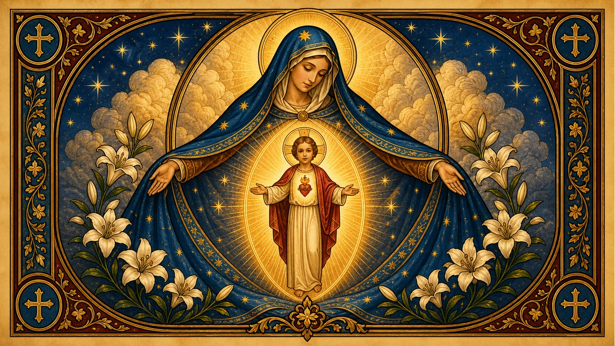 A blue Marian mantle, lilies, and gold light for the Hail Mary.