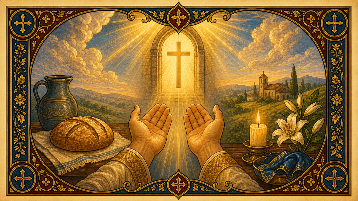Open hands beneath heavenly light for the prayer Jesus taught.