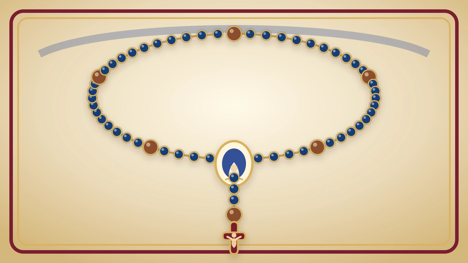 Accurate Catholic Rosary with an upright crucifix, one opening Our Father bead, three opening Hail Mary beads, a centrepiece medal, and five decades.