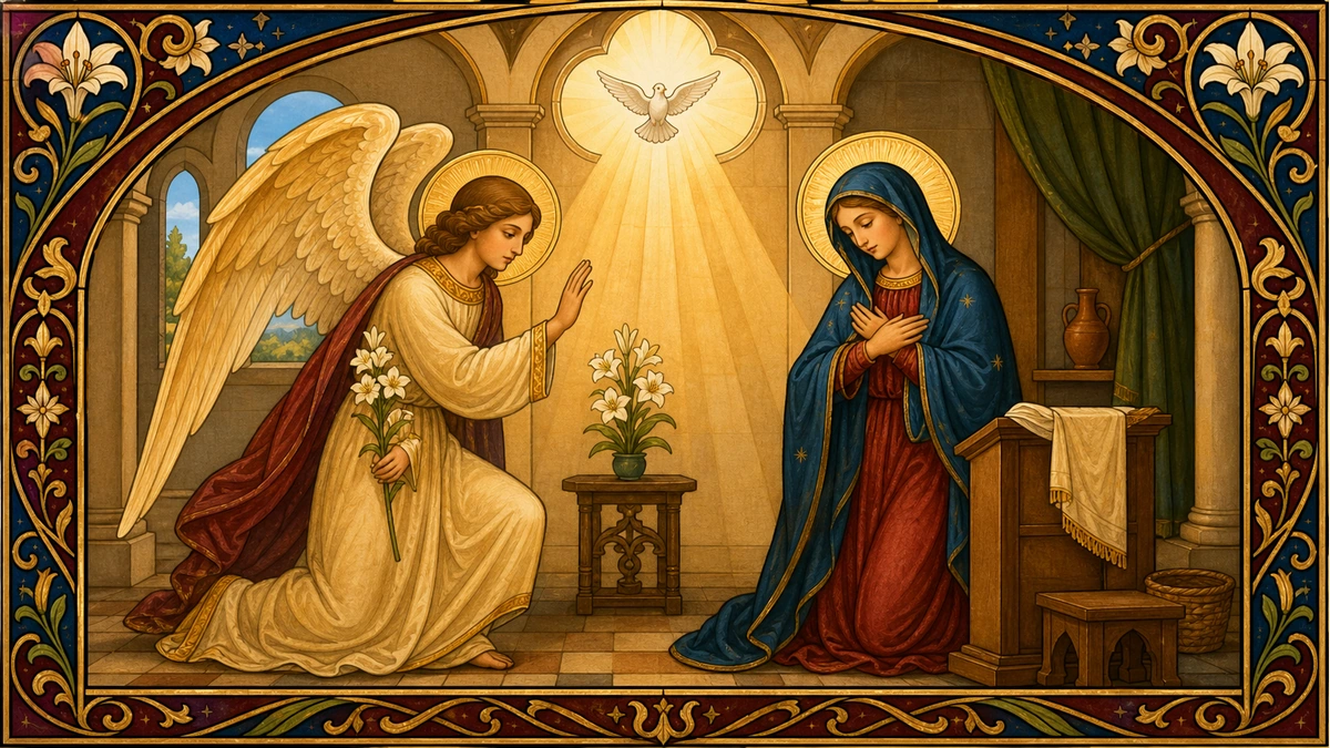 Devotional artwork for The Annunciation, a Rosary mystery.