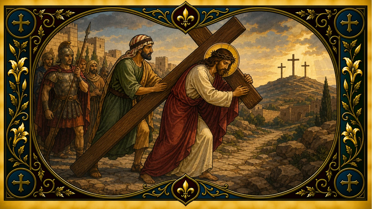 Devotional artwork for The Carrying of the Cross, a Rosary mystery.