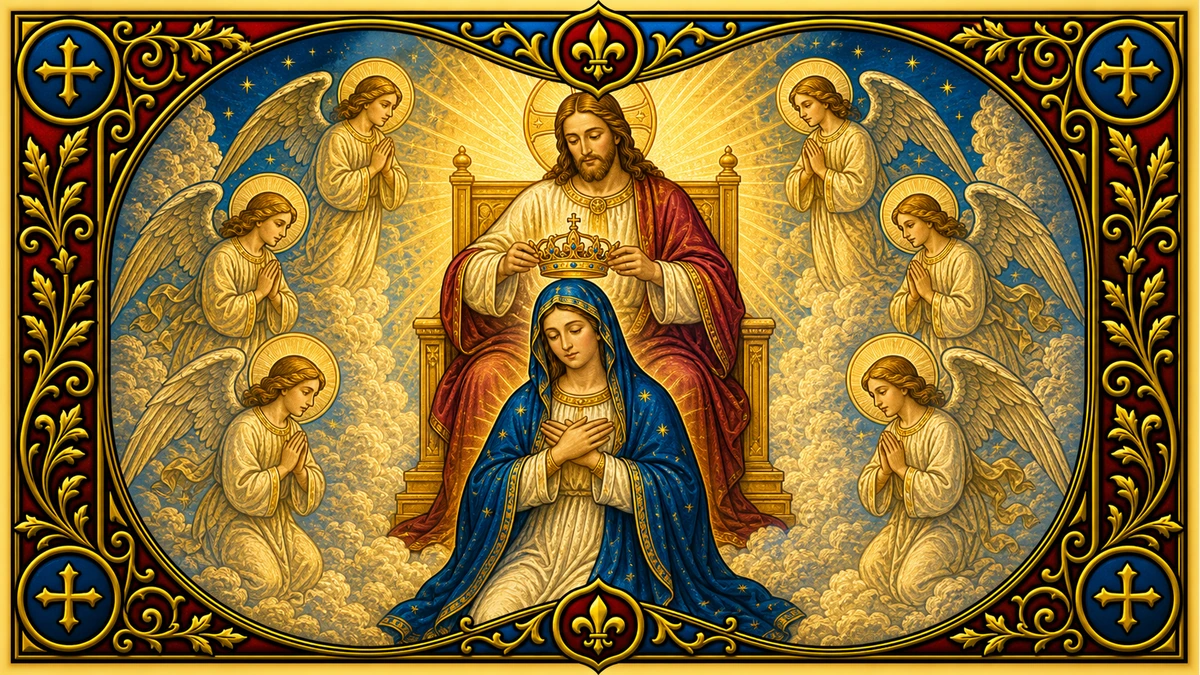 Devotional artwork for The Coronation of Mary, a Rosary mystery.