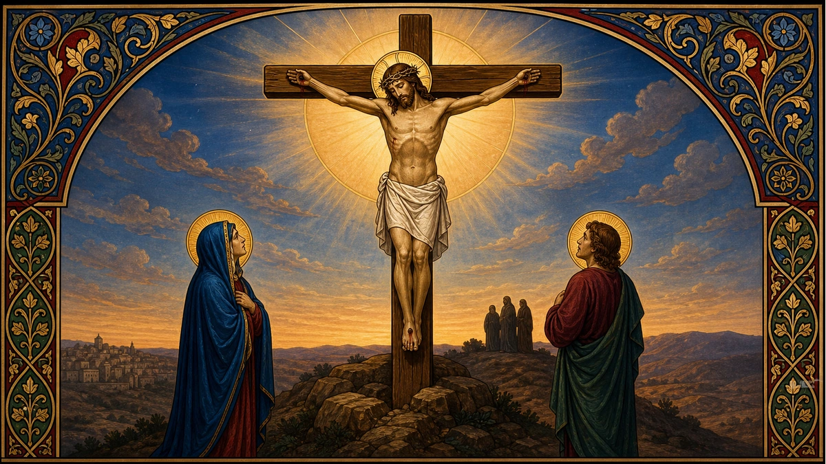 Devotional artwork for The Crucifixion, a Rosary mystery.