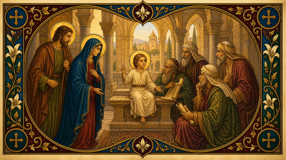 Devotional artwork for The Finding of Jesus in the Temple, a Rosary mystery.